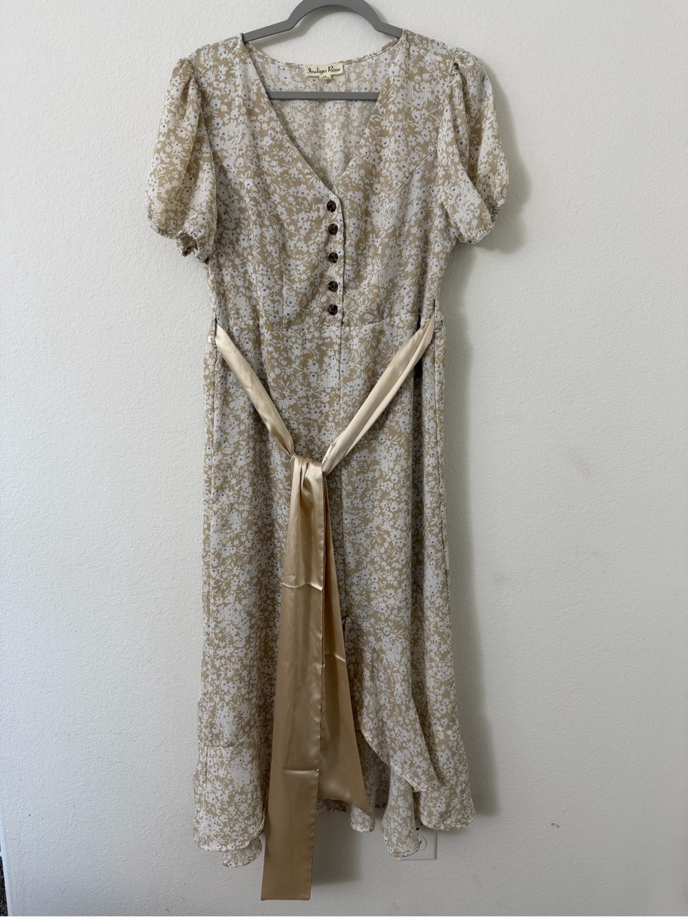 Beige Floral Midi Dress with Satin Sash